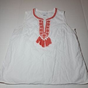 💚Liz Claiborne Sleeveless Boho Top Size XL White With Peach‎ Beaded Embroidery